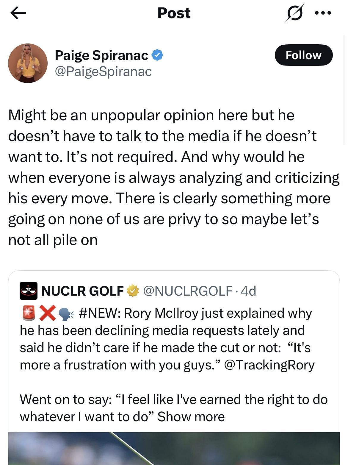 Spiranac’s tweet supporting Rory McIlroy